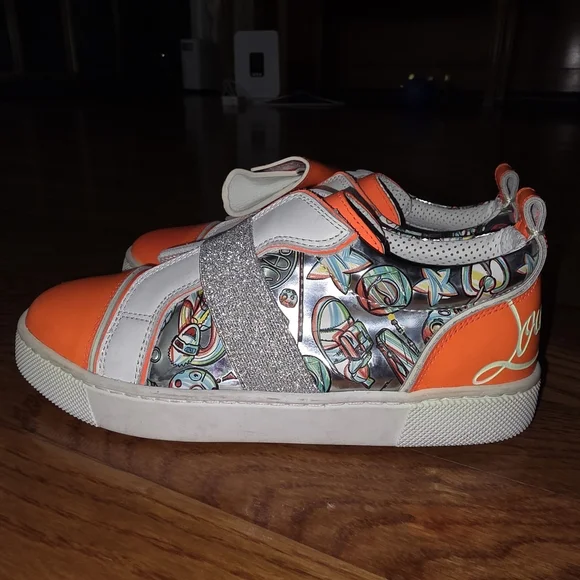 Christian Louboutin Kids' Orange and White Sneakers with Silver Accents - Picture 4 of 10